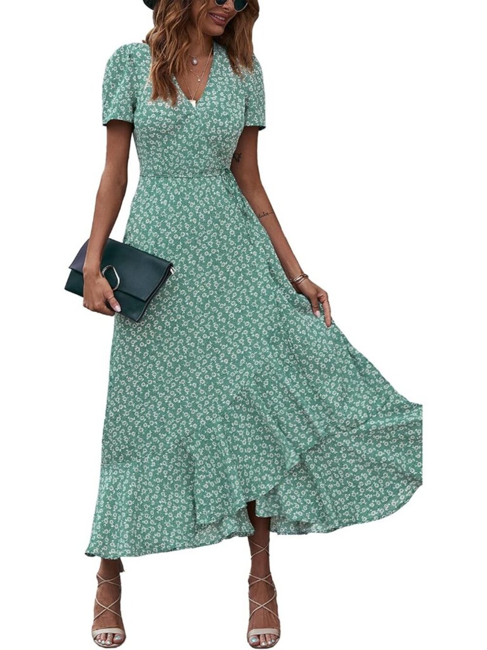 Women's Green V Neck Casual Short Sleeve Pull On Outfits Zipper Maxi Dresses